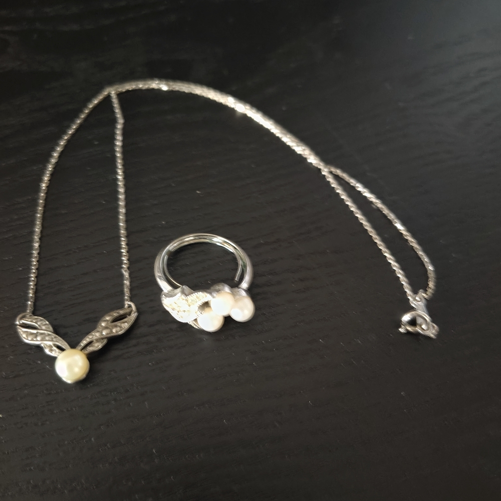 Avon Silver Tone Necklace And  Faux Pearls With Avon Faux Pearl Ring